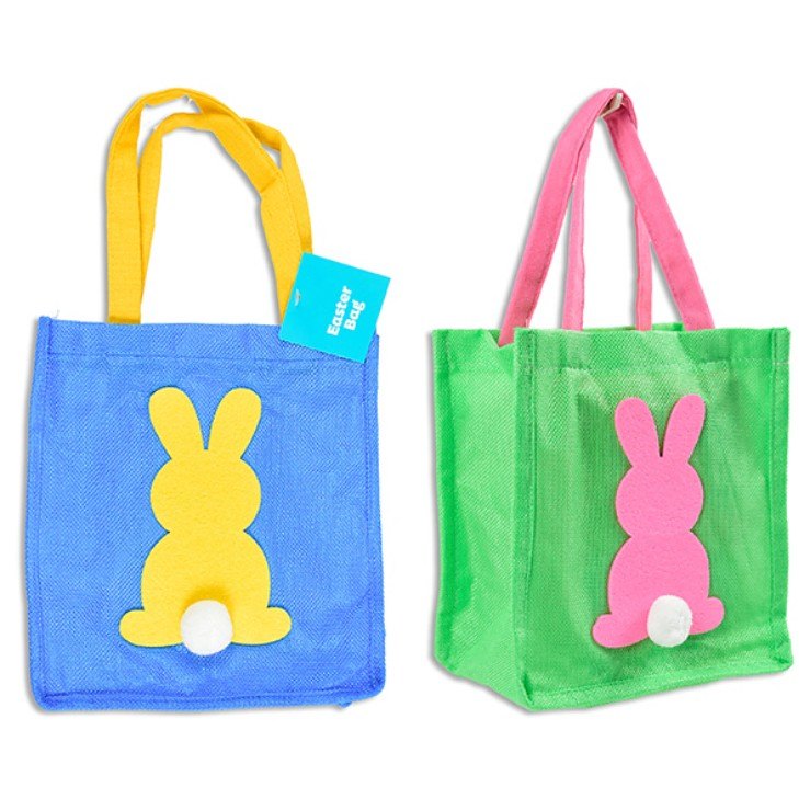 Easter Bunny Canvas Bag Pompom Tail 22.86x20.6x14cm