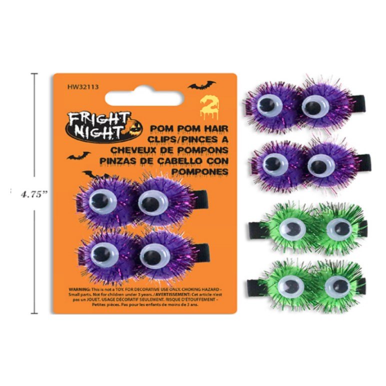 Halloween Goggly Eyes Pom Pom Hair Clips 2pk 17mm Assorted Colours