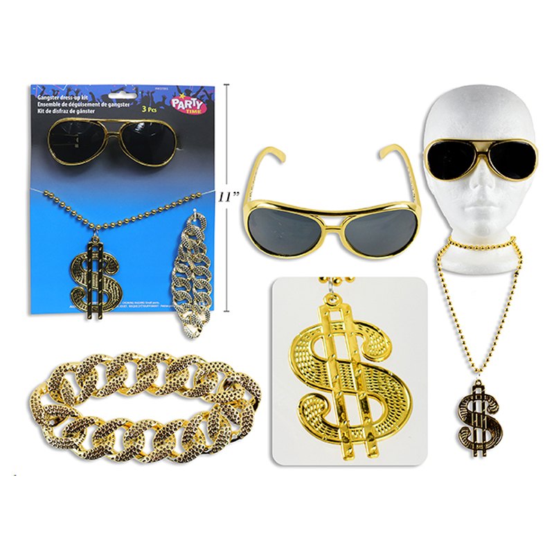 Halloween Gangster Dress-Up Kit s/3 Incl: Sunglasses /Dollar Medallion / Chain Bracelet