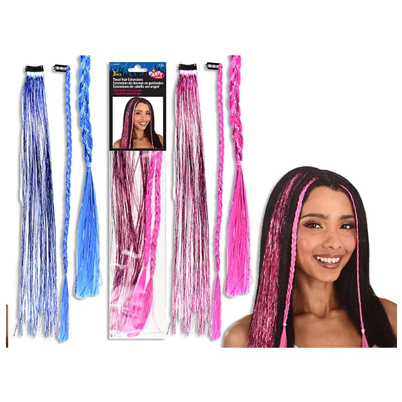 Halloween Party Wig 3pk Tinsel Hair Extensions 38cm 2 Braided + 1 Tinsel Assorted Colours