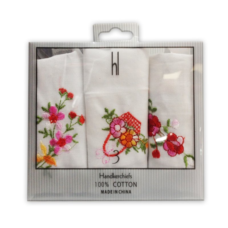 Handkerchief Lady's 3pk Embroidery Cotton 26x26cm