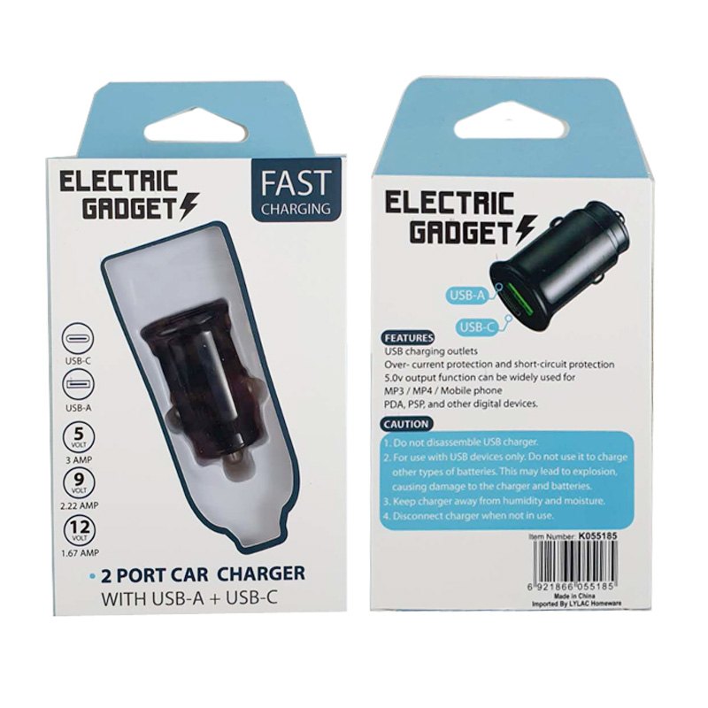 Electrical Usb-a/usb-c Port Car Charger 5V 3A/9V 2.22A/12V 1.67A