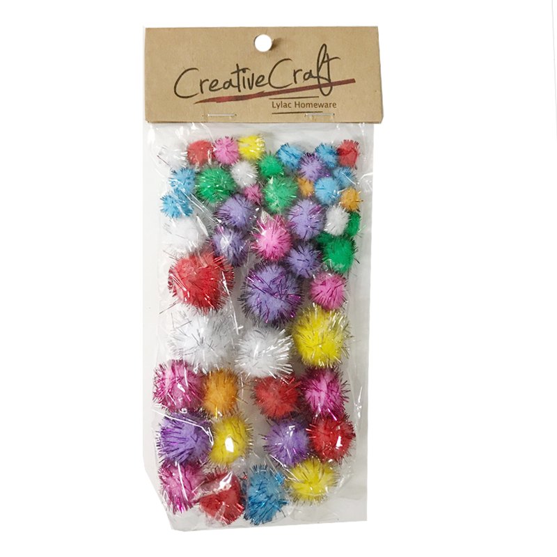 Craft Pompoms Glitter 40pc Assorted Sizes 1-3CM