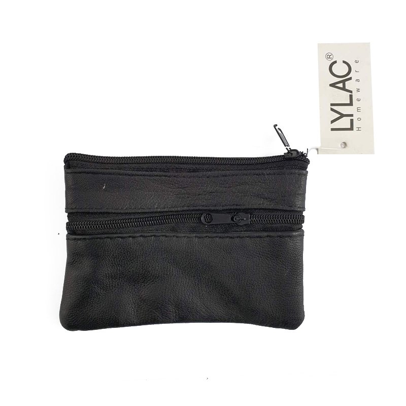 Leather Coin Purse Black 3ZIPPERS 8.5x11.5cm