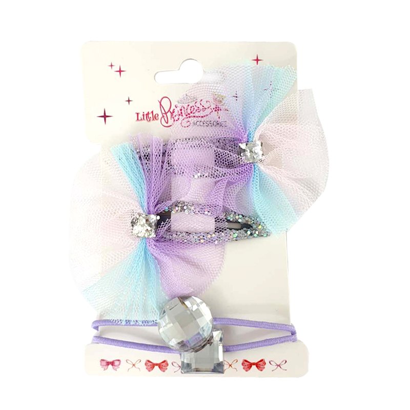 Kids Hair Set 2pc Bow Clips +2 Elastic Hair Bands with Acrylic Gems