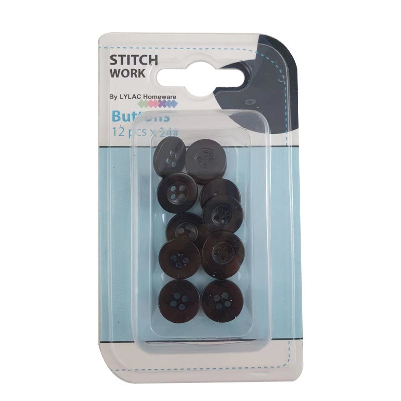 Stitchwork Buttons 12pc Black Assorted Sizes