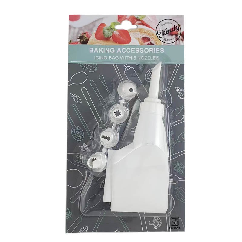 Baking Cake Icing Bag with 5 Plastic Nozzle 14x32cm
