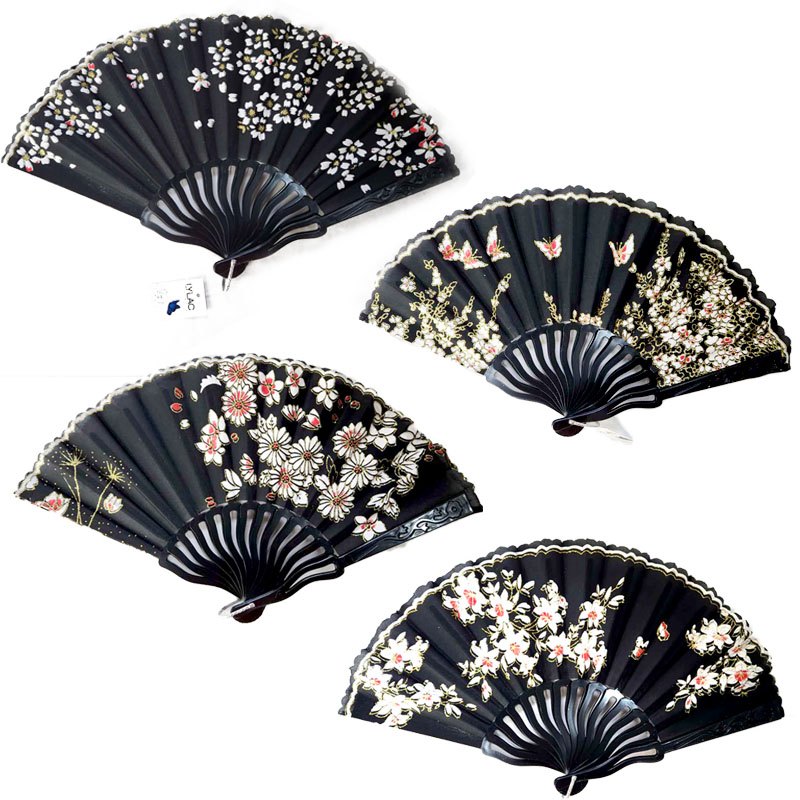Summer Fan Foldable Flowers Pattern Black