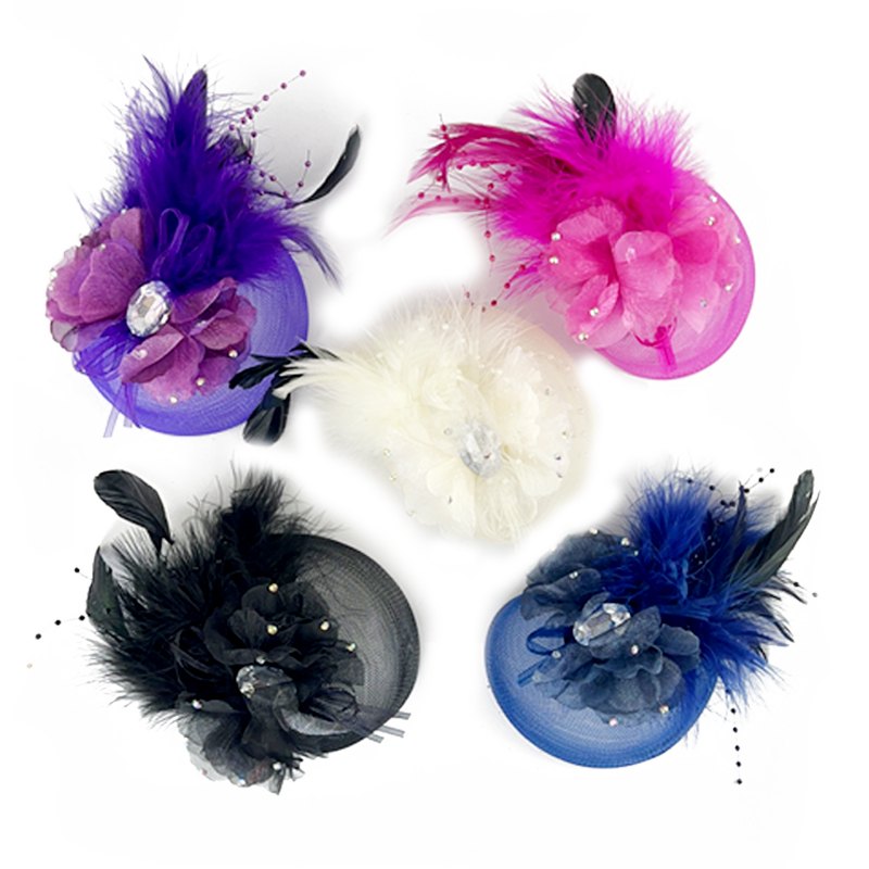 Fascinator Net Hat with Flower & Beads & Feather 13x20cm Assorted Colours