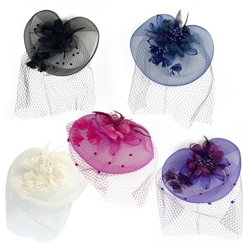 Fascinator Big Overhang Netting Flower with Beads 26cm Assorted Colours