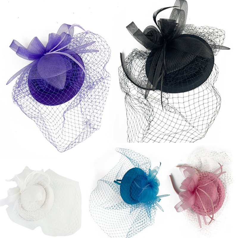 Fascinator Hat Oval with Flower & Net 14x16cm Assorted Colours