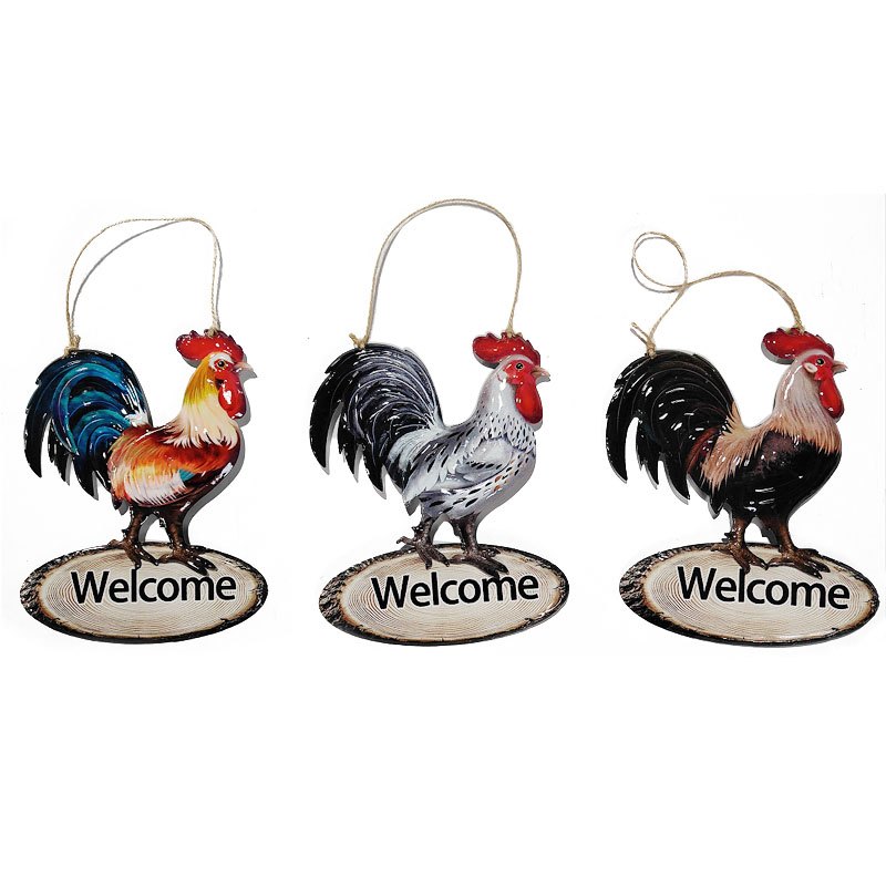 Metal Plaque Rooster Welcome 21x17cm
