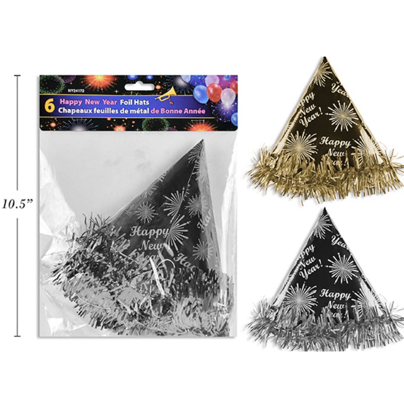 New Year Party Foil Hat with Tinsel 6pk Assorted Colours