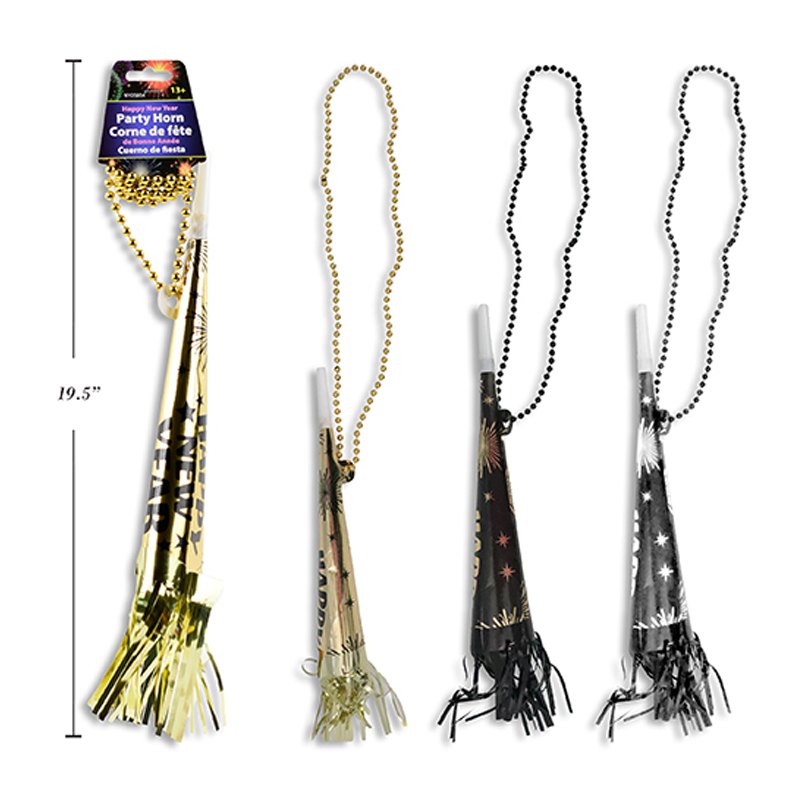 New Year Glitter Foil Party Horn with Beaded Necklace 30.8cm 3 Assorted