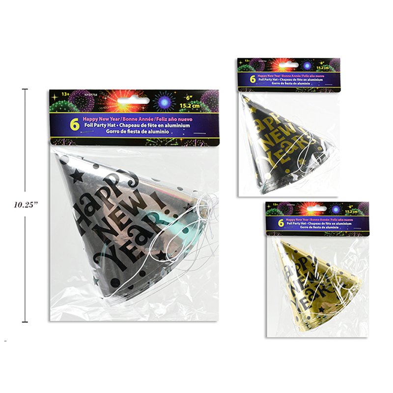 New Year Foil Party Hat 6pk 15cm 3Colours
