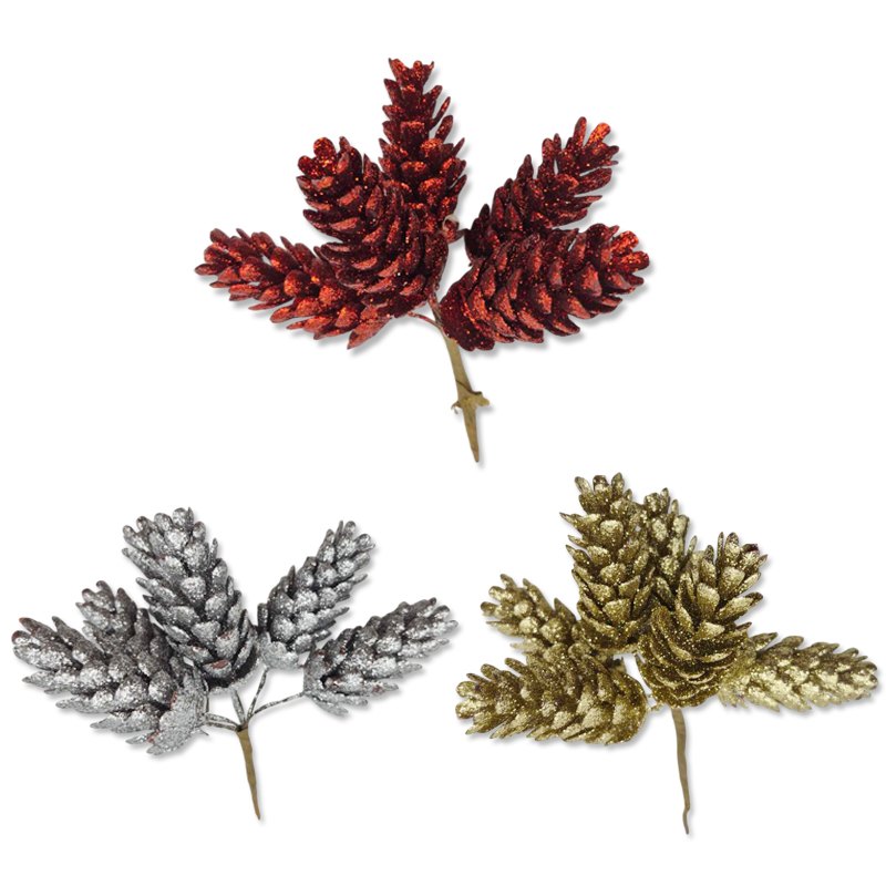 Christmas Glitter Gold/silver/red Cones 6HEAD