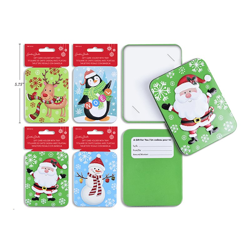 Christmas Gift Card Holder Tin Sqr with Clear PVC Tray for Gift Card 6 Assorted