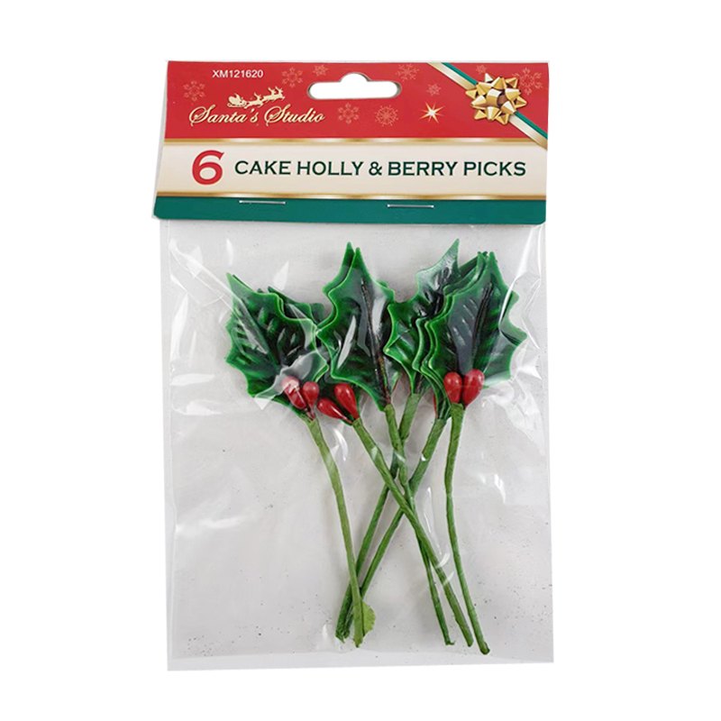 Christmas Cake Holly & Berry Picks 6pk 10.5cm