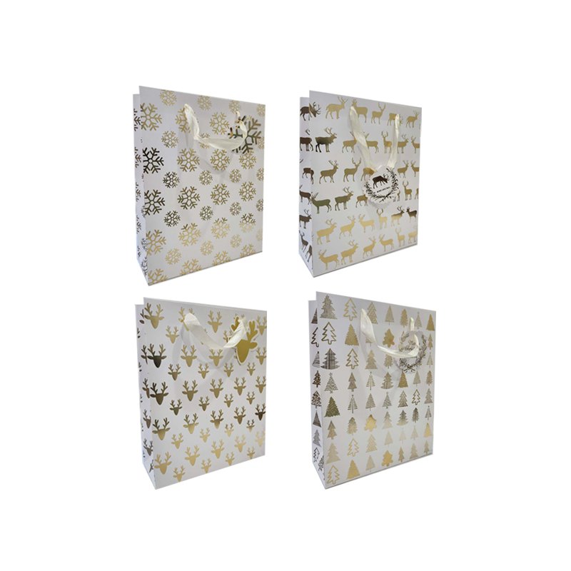 Christmas Gift Bag Gold Stamp Medium 4 Assorted