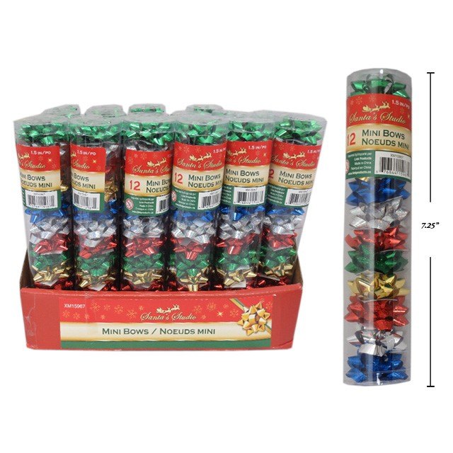 Christmas Gift Bows 12pk 3.81cm in PVC Tube Assorted Assorted Colours