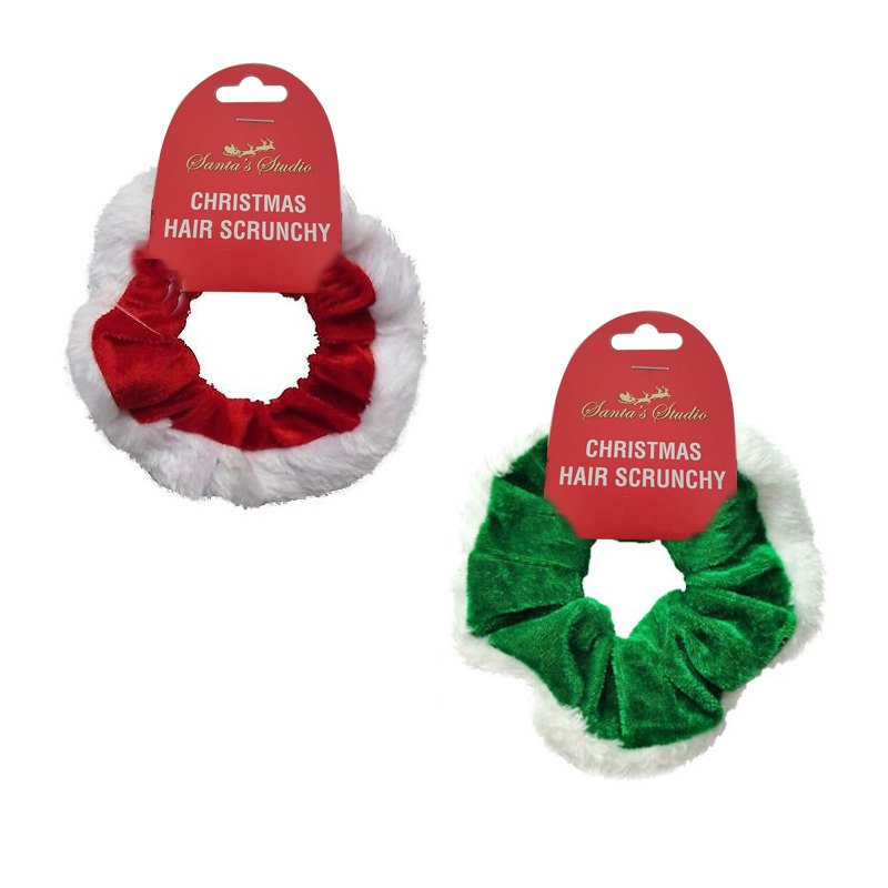 Christmas Hair Ring Velvet with White Fluffy Trim Red/Green 2 Assorted