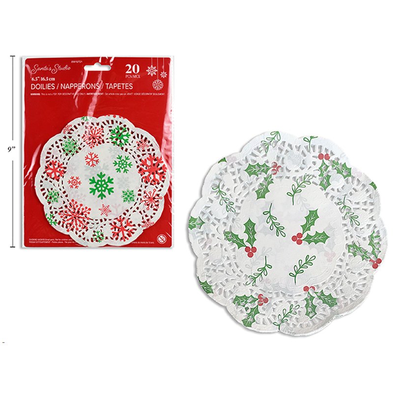 Christmas Doilies 20pk 6.5"/16.5cm Printed Poinsettia