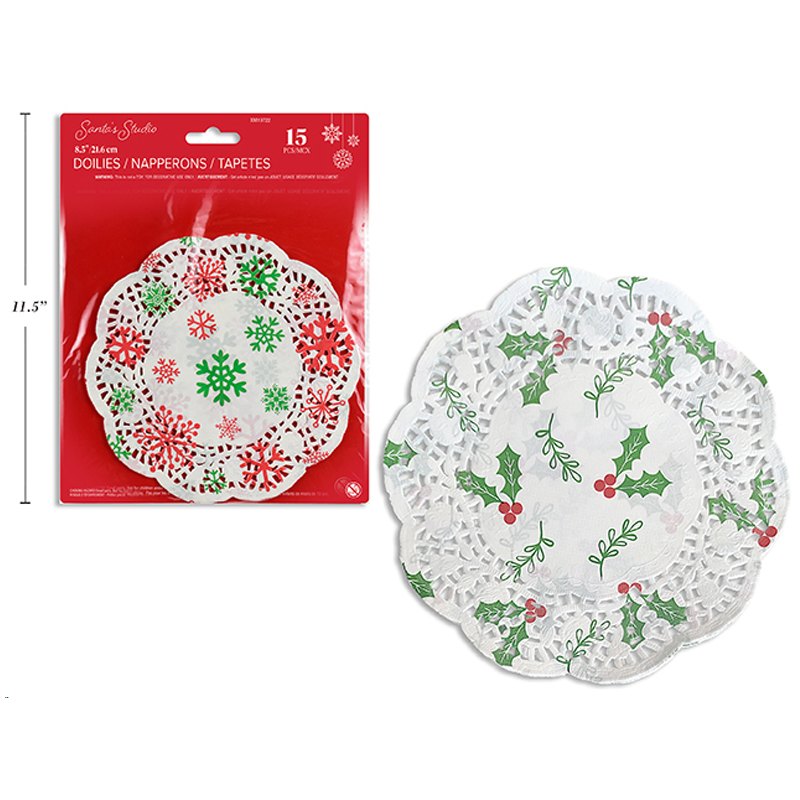 Christmas Doilies 15pk 8.5"/21.6cm Printed Poinsettia