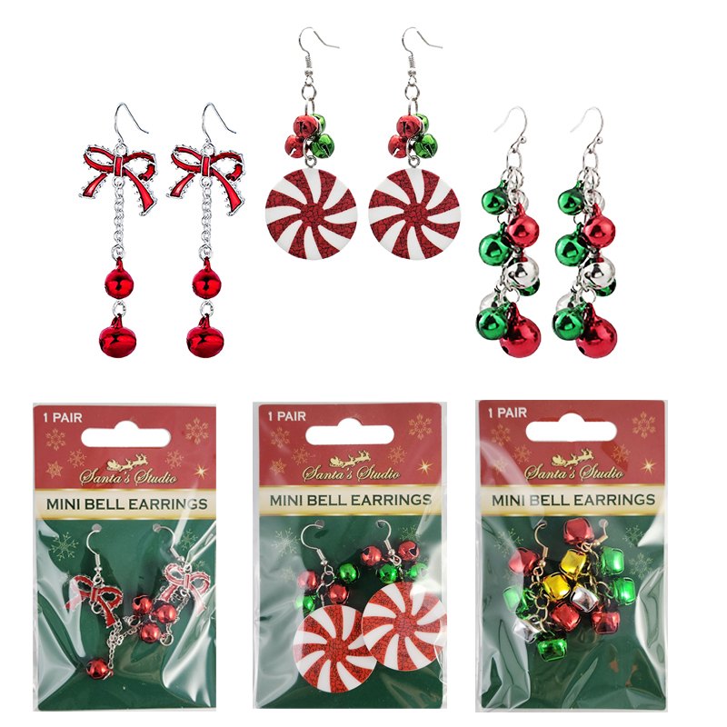 Christmas Earrings 3 Assorted 7cm Bells/Candy