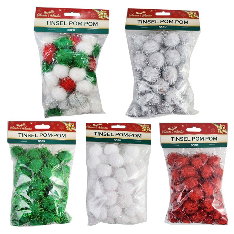 Christmas Craft Pom-Poms with Tinsel 3cm 50pk Mixed Colors