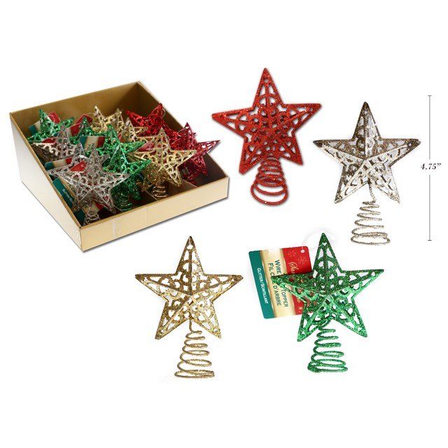 Christmas Tree Topper Glitter Star 12cm 4 Assorted