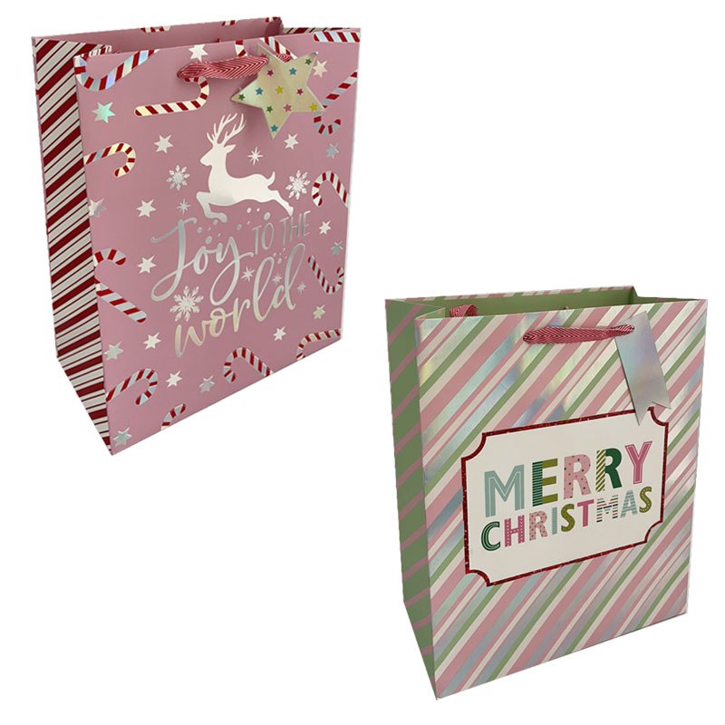 Christmas Gift Bag Pink Stripes 30x40x12cm