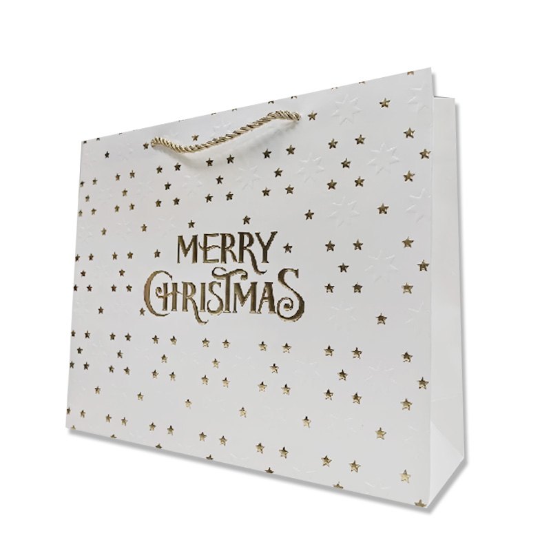 Christmas Gift Bag Gold Stars & Merry Christmas 32x26x10cm Horizontal