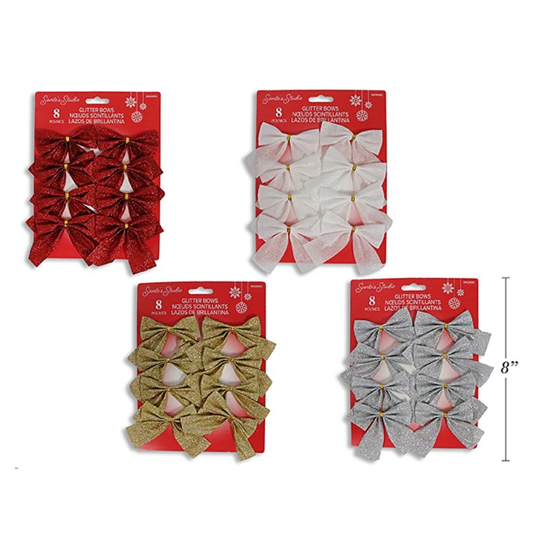 Christmas Bows 8pk 3.5in/9cm 2 Loop Mini Glitter Assorted Colours