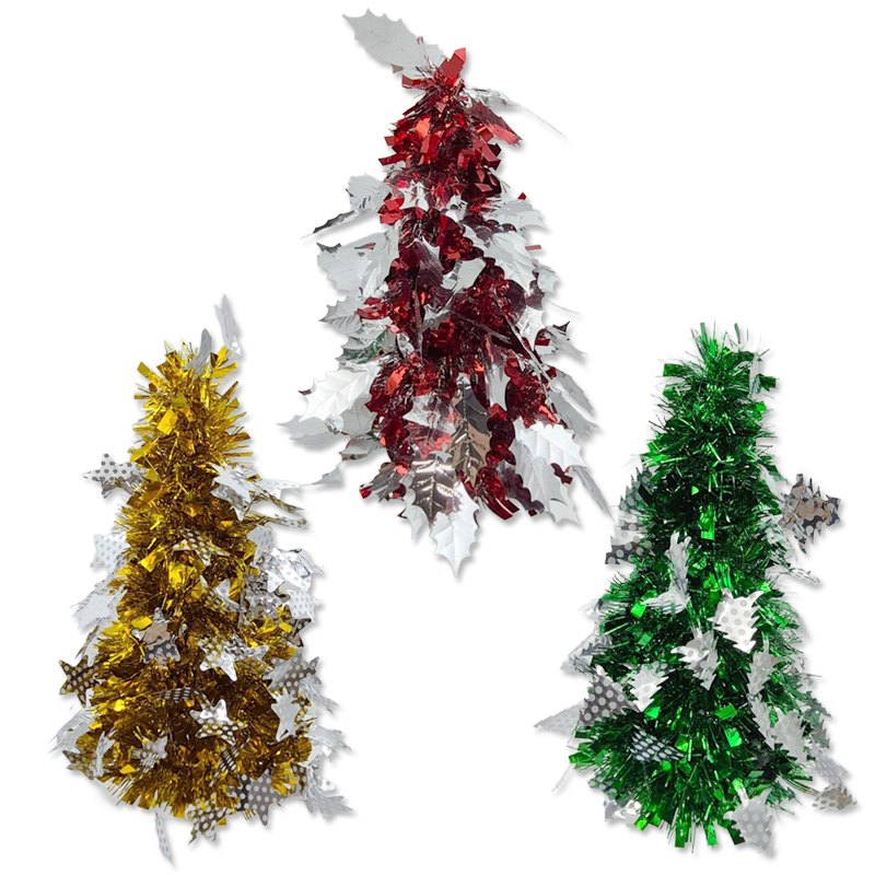 Christmas Tinsel Mini Tree 11x26cm 3 Assorted