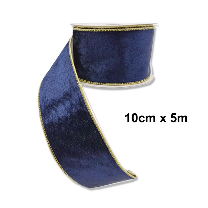 Christmas Ribbon Velvet 10cmx5m with Gold Trim Blue