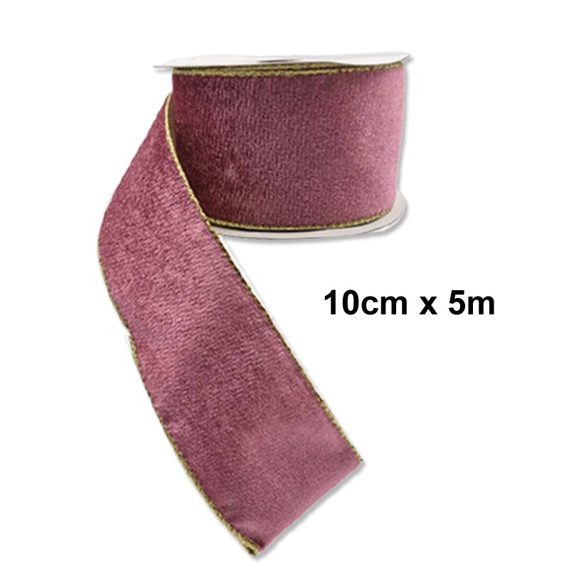 Christmas Ribbon Velvet 10cmx5m with Gold Trim Pink