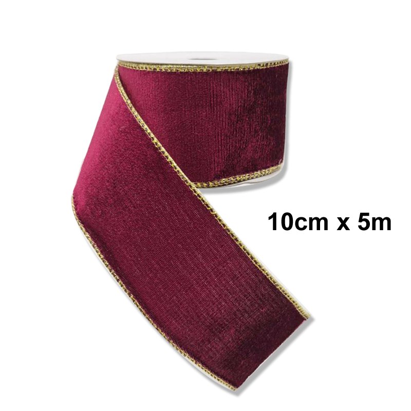 Christmas Ribbon Velvet 10cmx5m with Gold Trim Burgundy