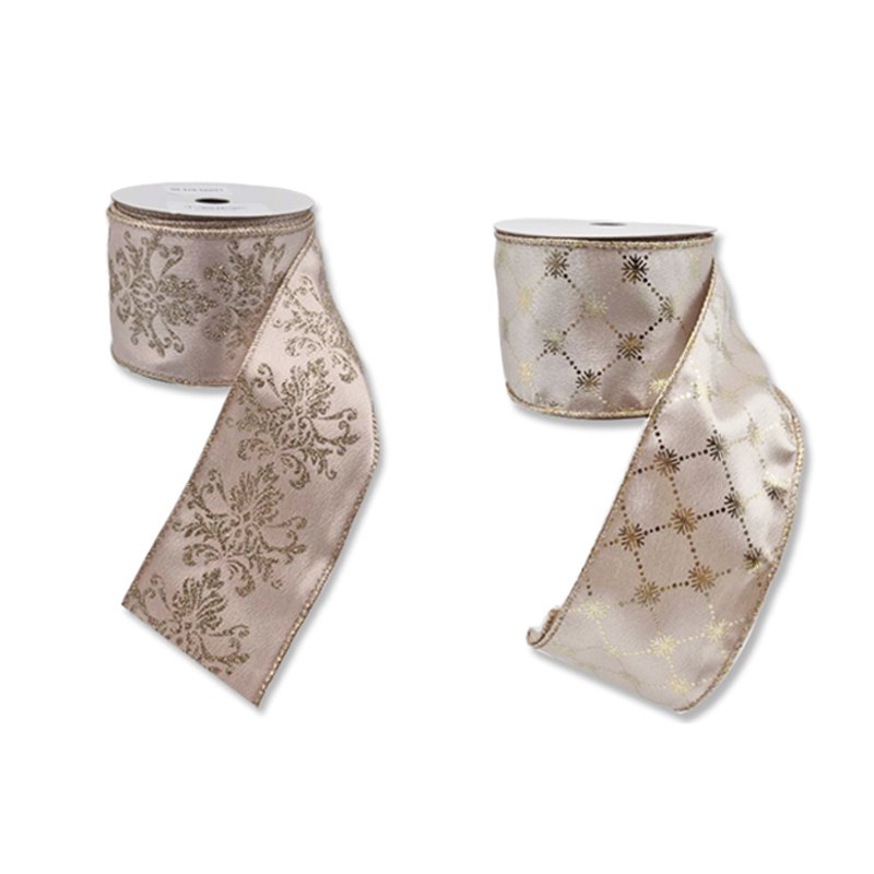 Christmas Ribbon 6.3cmx5m Satin Gold Pattern 2 Assorted