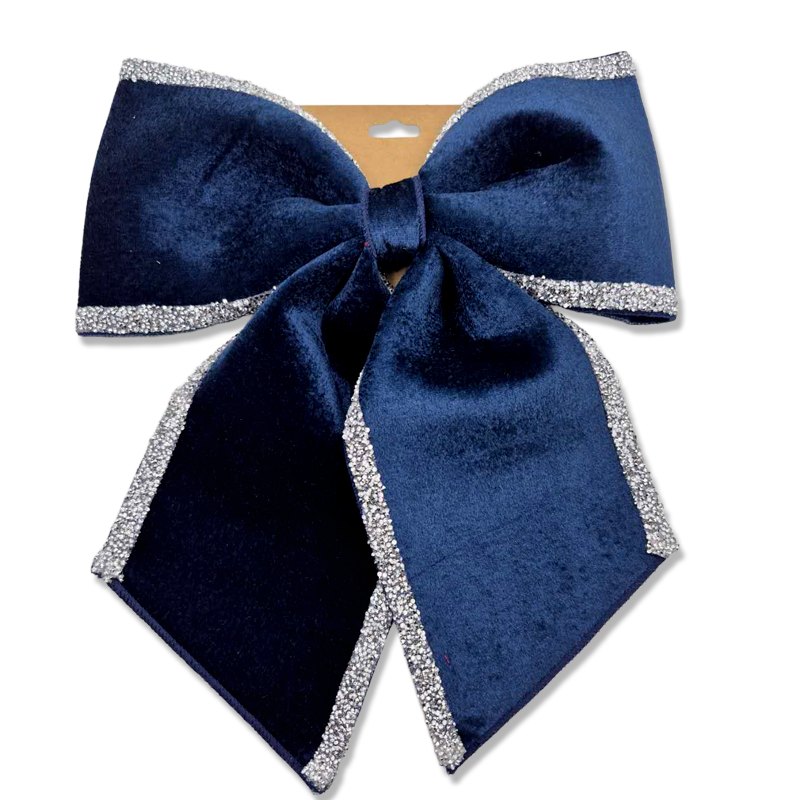 Christmas Bow Velvet Silver Trim Blue 30x35cm