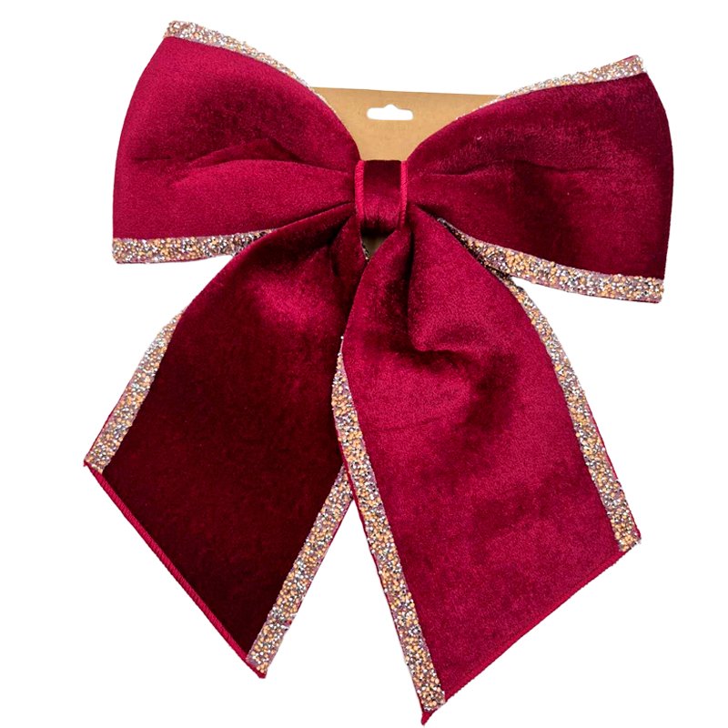Christmas Bow Velvet Silver Trim Burgundy 30x35cm