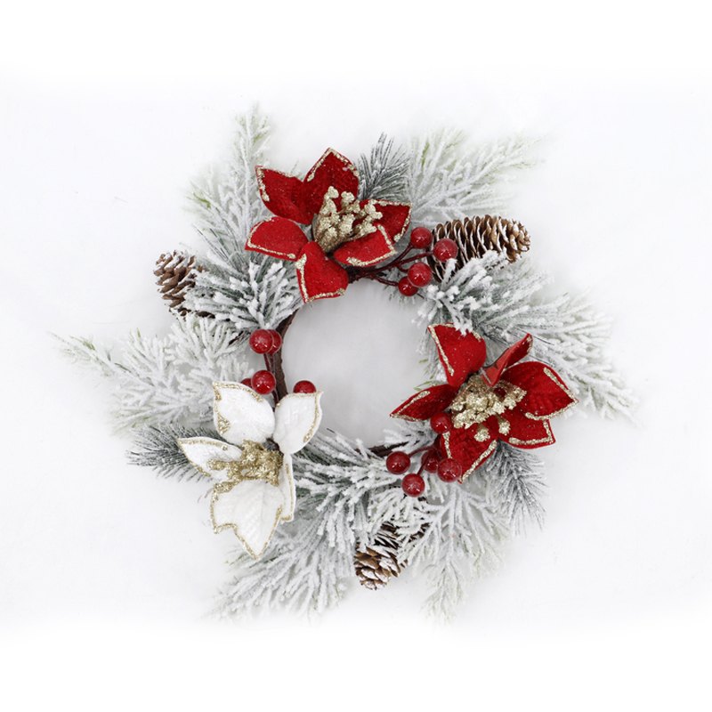 Christmas Snowy Pine Flower Wreath 30cm wBerries & Cone Flower 10cm Dia