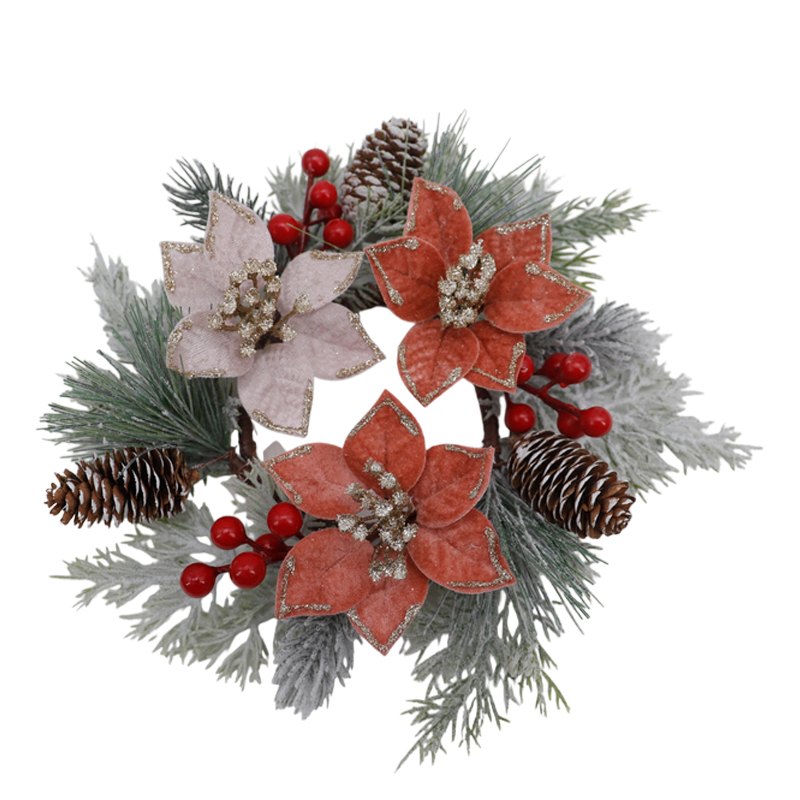 Christmas Snowy Pine Flower Wreath 30cm wBerries & Cone Flower 10cm Dia