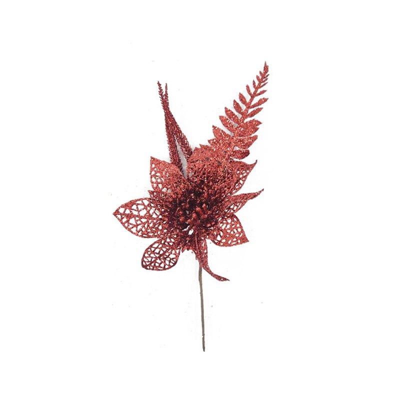 Christmas Glitter Flower Pick 28x13cm Red