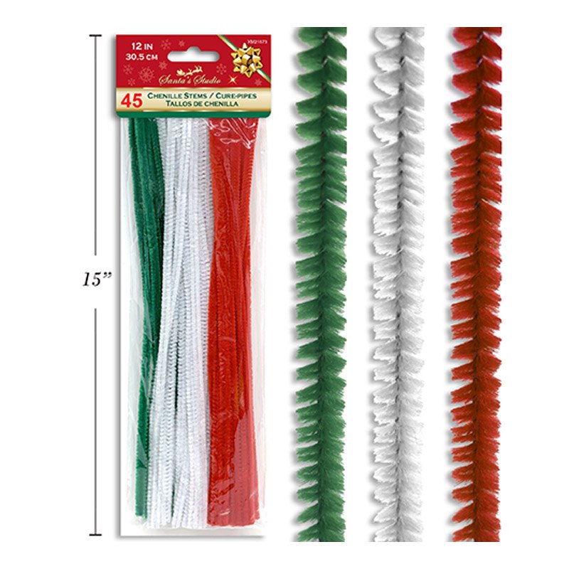 Christmas Craft Chenille Stems 45pk 30cm Assorted Colours/pk