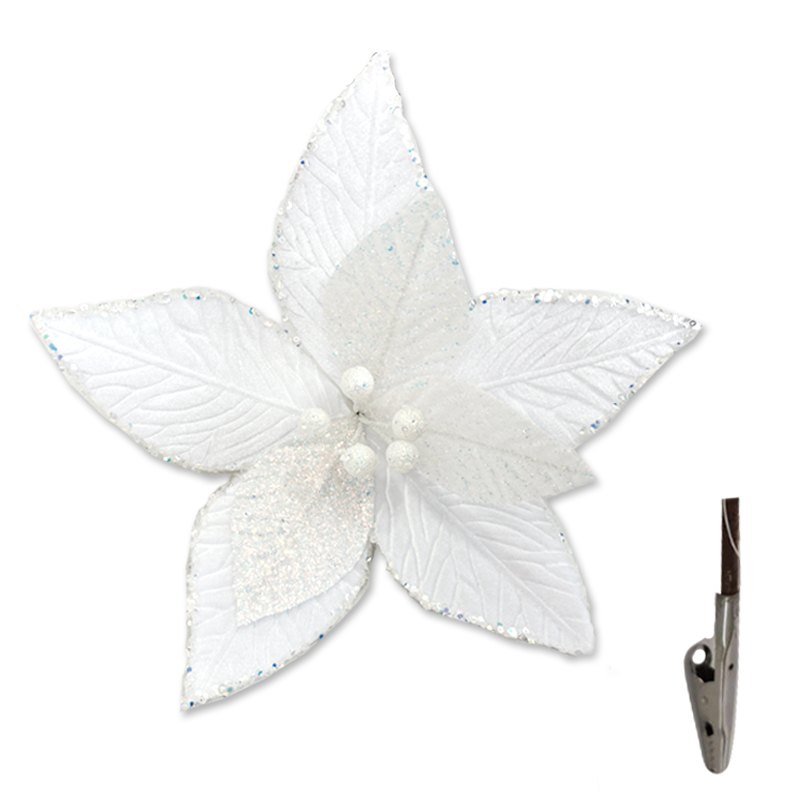 Christmas Flower Sequin 31cm with Clip White