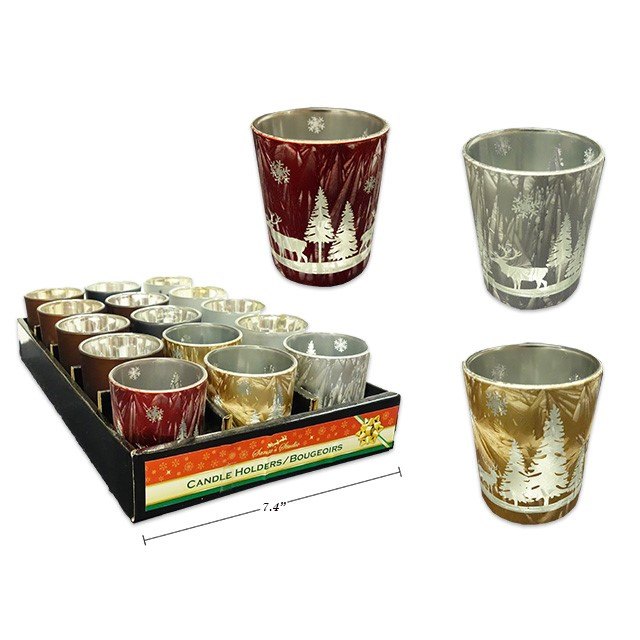 Christmas Candle Holder Frosted Mirrored Reindeer Tree Assorted Colours 6x6cm