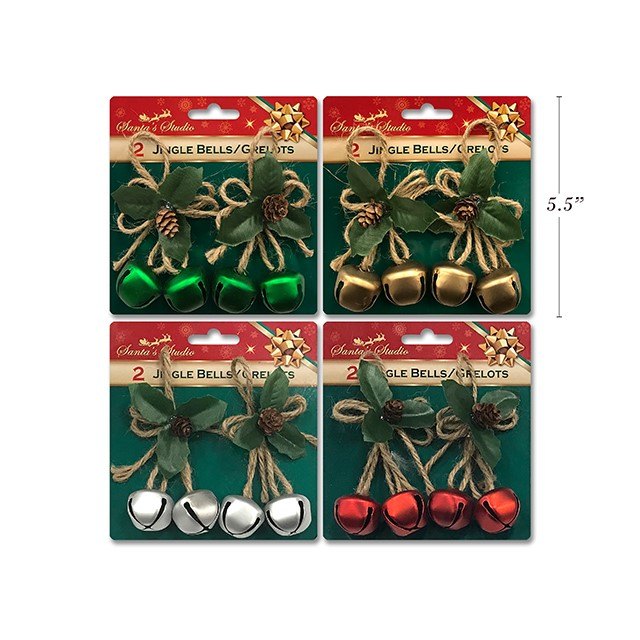 Christmas Bells 2pk 30mm with Holly & Cones Assorted Colours