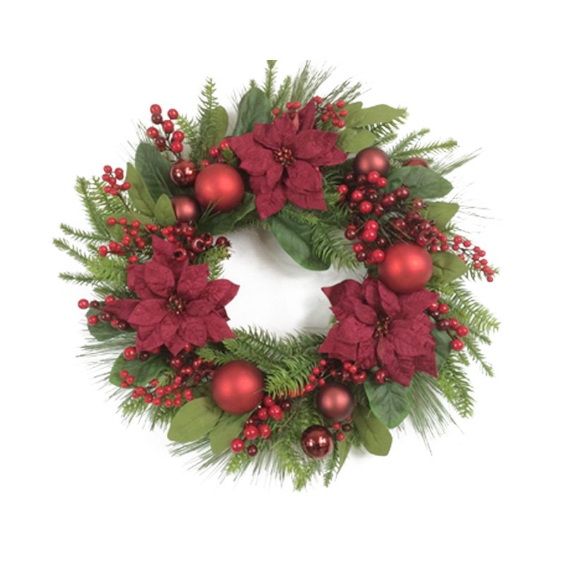 Christmas Wreath Red Flower+Bauble 50cm