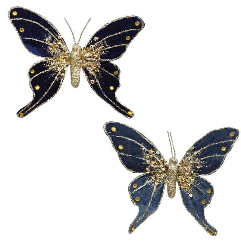 Christmas Glitter/Velvet Butterfly Blue 16x13cm