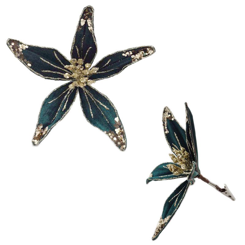 Christmas Flower Glitter Velvet Emerald 15cm